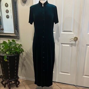 Vintage Elegant Green Velvet Button-Down Dress